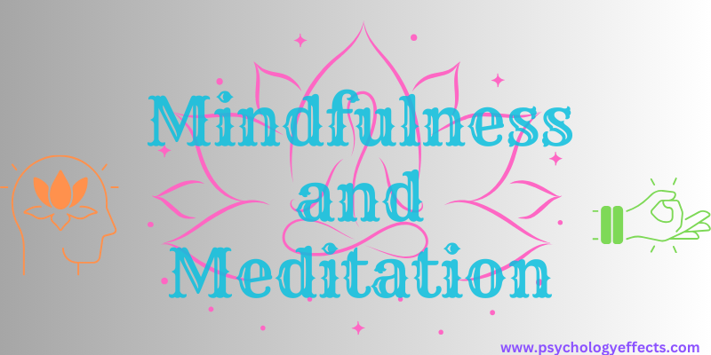 Image with the meditation logo in the background and the words mindfulness and meditation written over it.